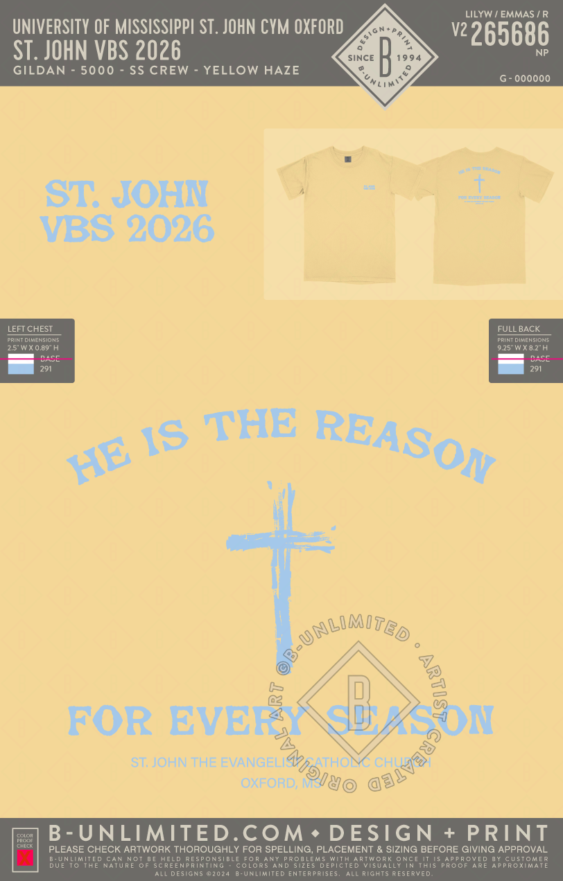 University of Mississippi St. John CYM Oxford - St. John VBS 2026 - Gildan - 5000 - SS Crew - Yellow Haze