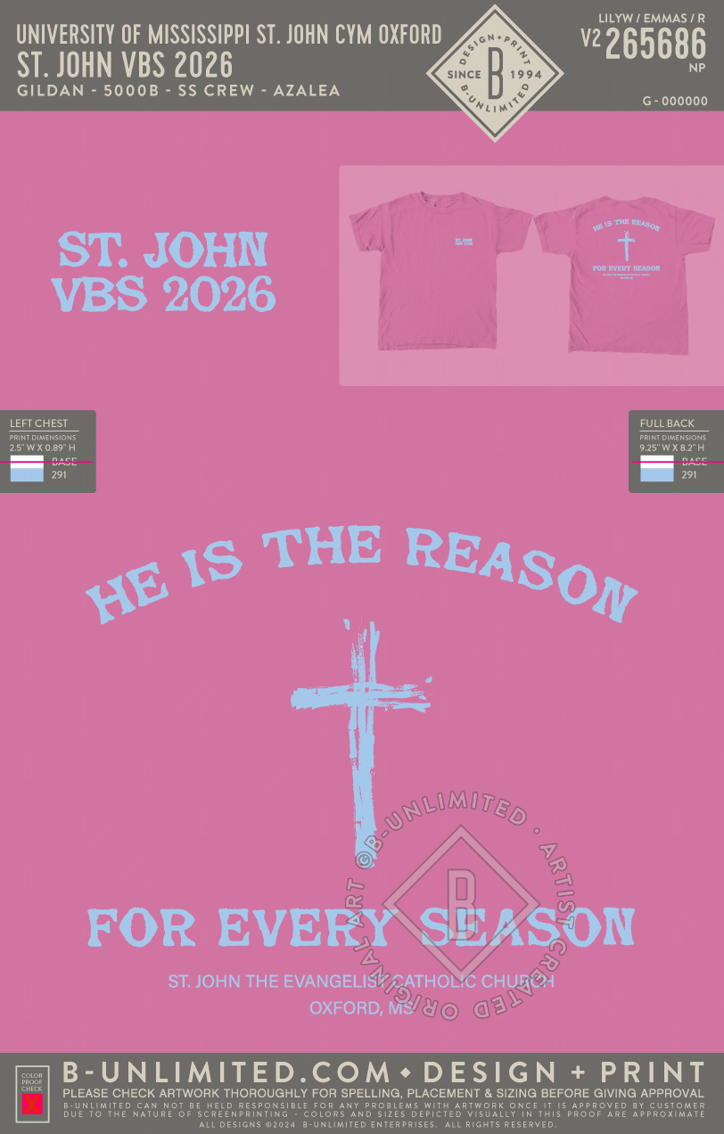 University of Mississippi St. John CYM Oxford - St. John VBS 2026 - Gildan - 5000B - Youth SS Crew - Azalea