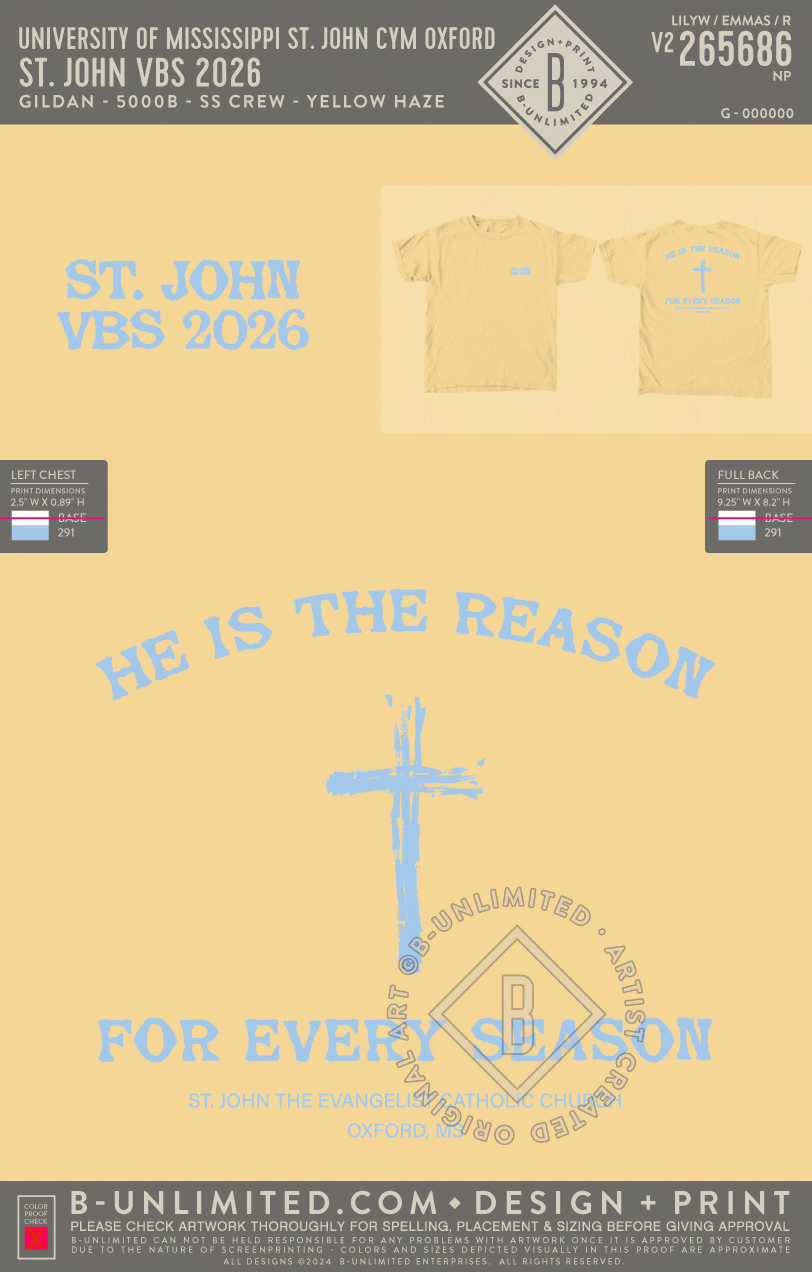 University of Mississippi St. John CYM Oxford - St. John VBS 2026 - Gildan - 5000B - Youth SS Crew - Yellow Haze