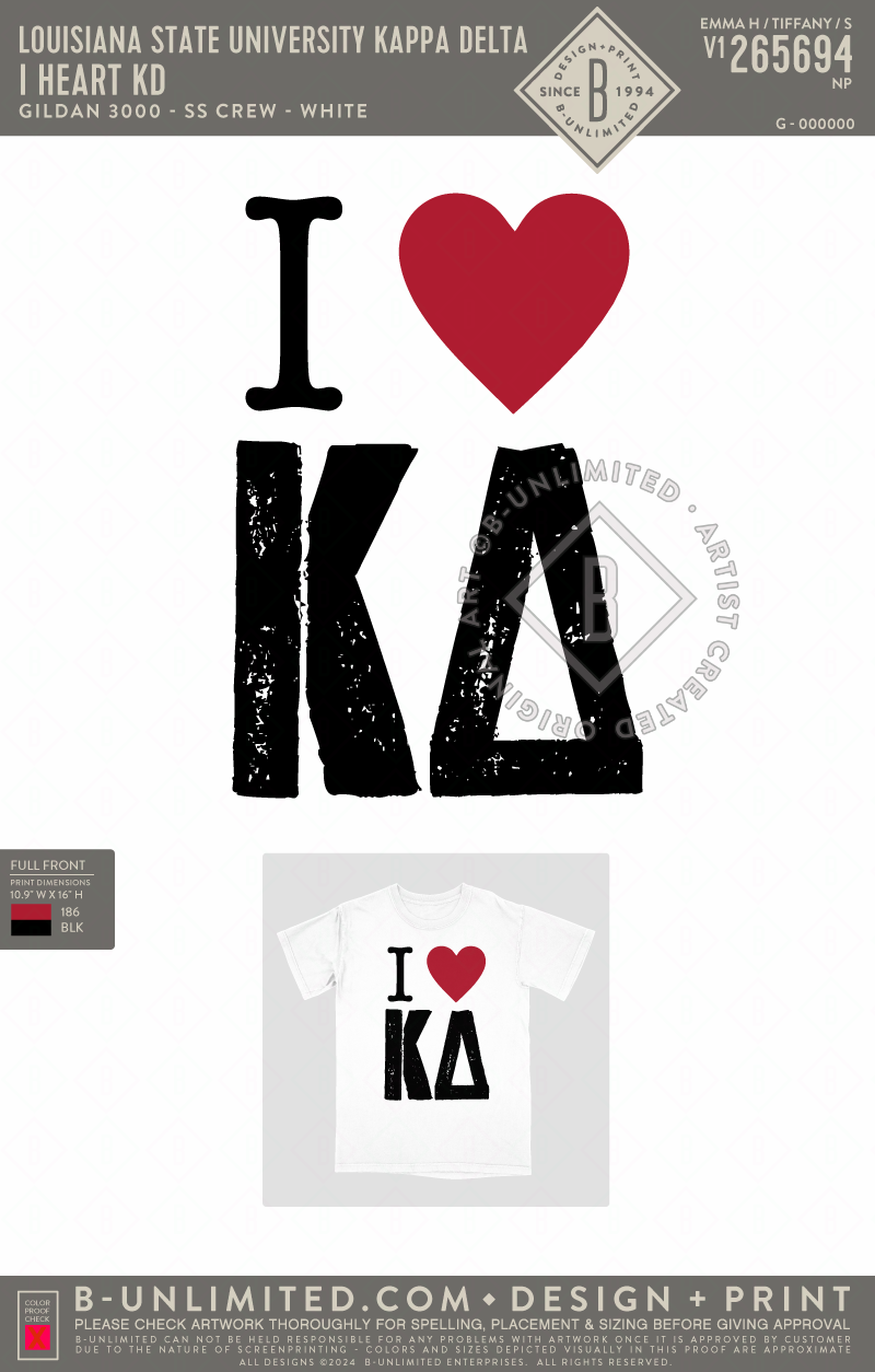 Louisiana State University Kappa Delta - I Heart KD - Gildan - 3000 - Lightweight SS Crew - White
