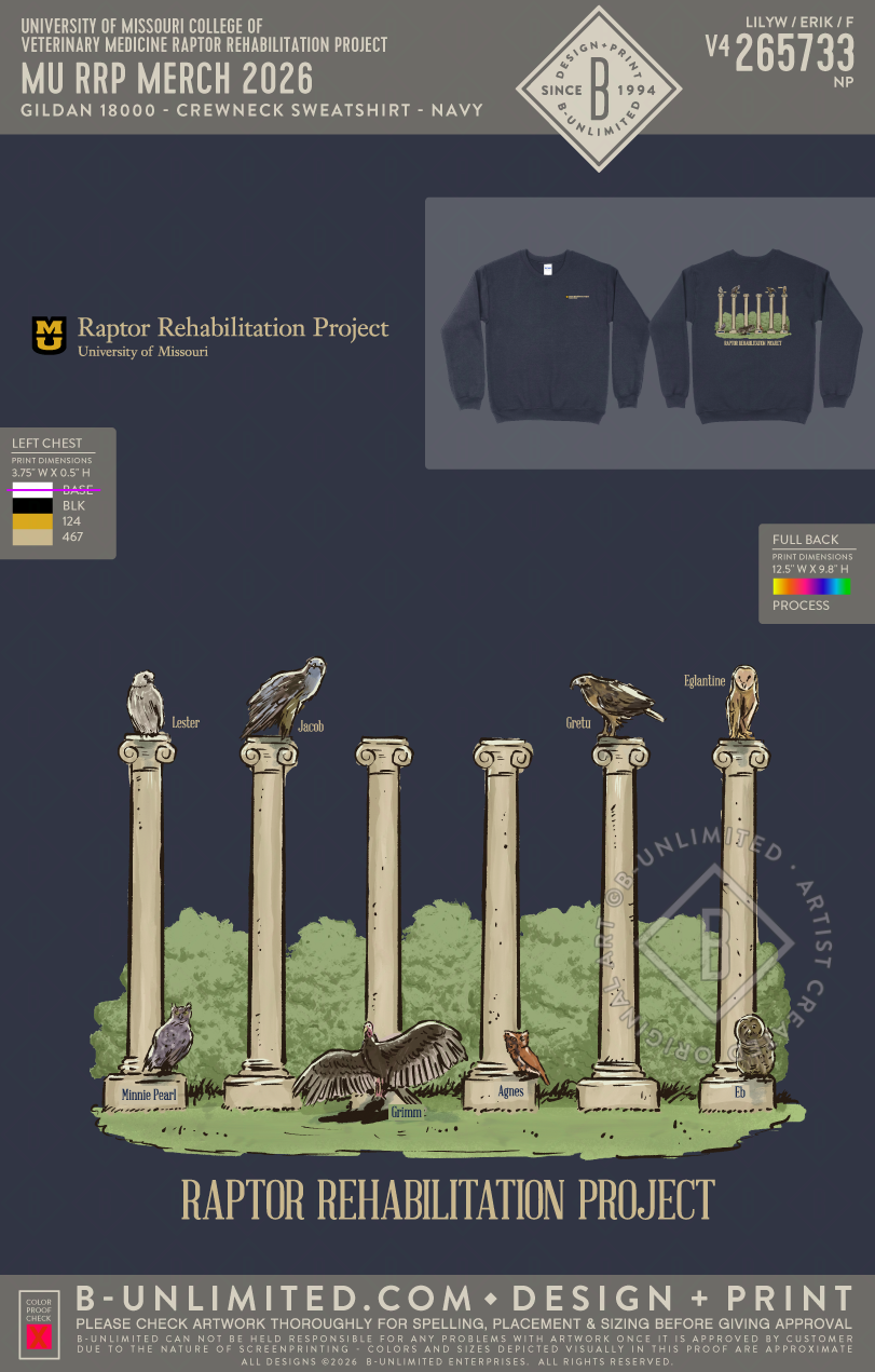 University of Missouri College of Veterinary Medicine Raptor Rehabilitation Project - MU RRP Merch 2026 - Navy - Gildan - 18000 - Crewneck Sweatshirt - Navy