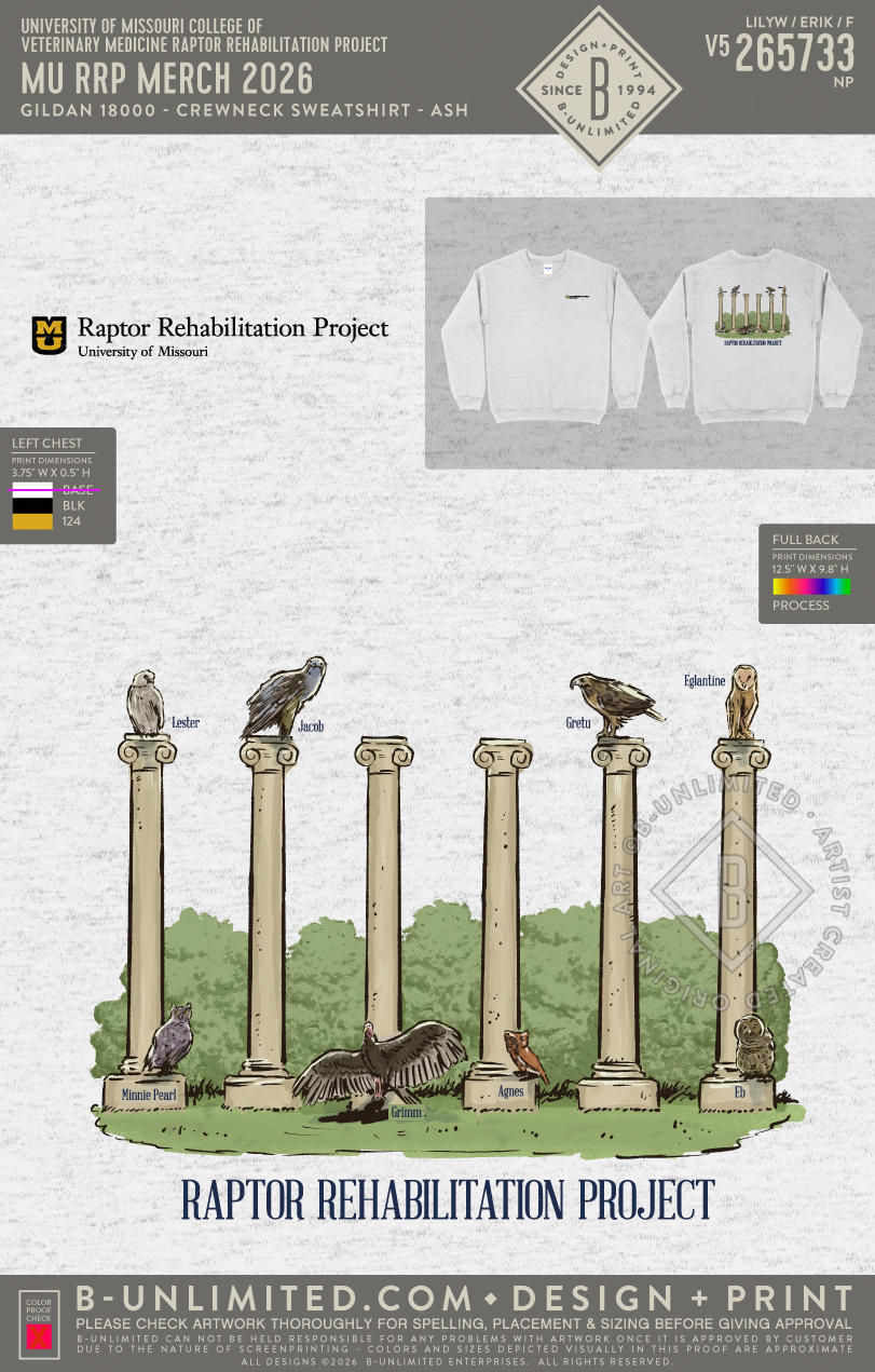 University of Missouri College of Veterinary Medicine Raptor Rehabilitation Project - MU RRP Merch 2026 - Gildan - 18000 - Crewneck Sweatshirt - Ash Grey