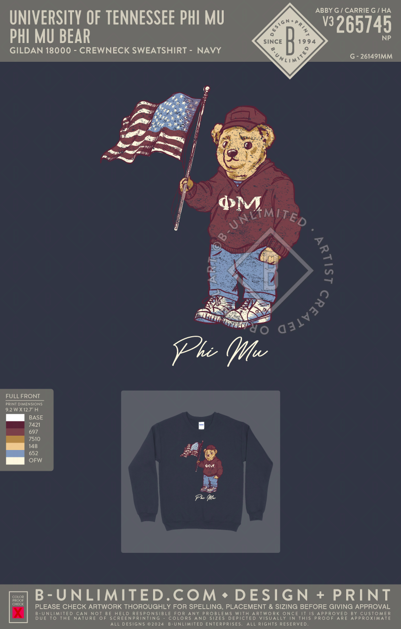 University of Tennessee Phi Mu - Phi Mu Bear - Gildan - 18000 - Crewneck Sweatshirt - Navy