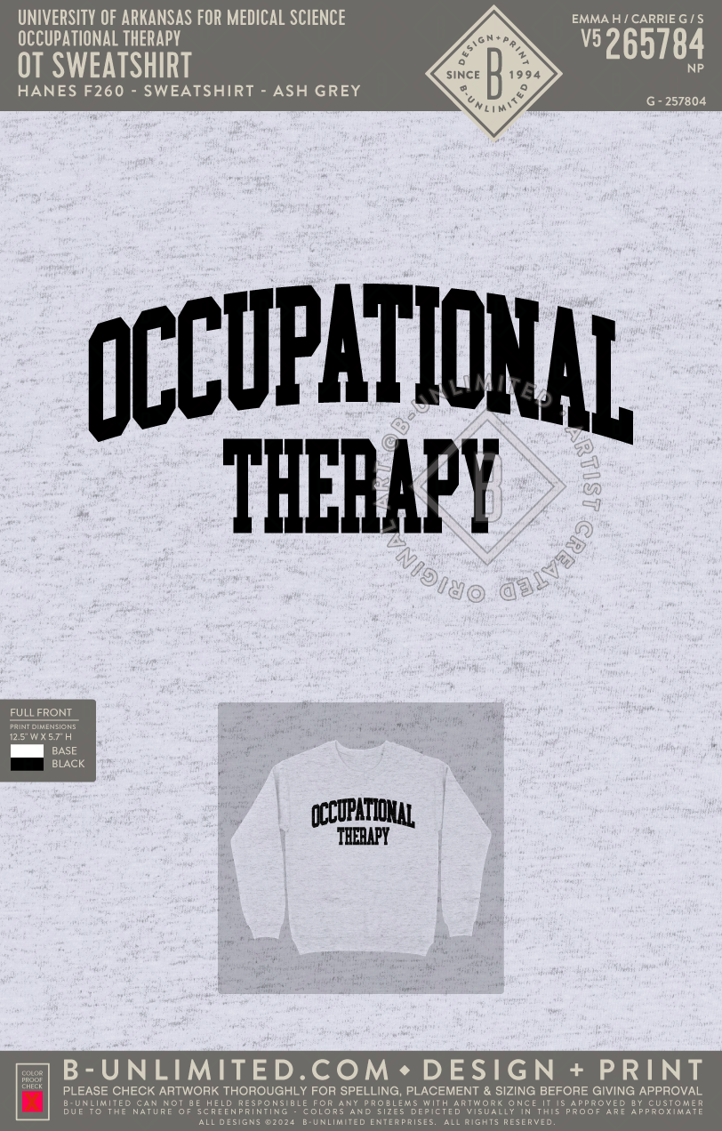 University of Arkansas for Medical Science Occupational Therapy - OT Sweatshirt - Hanes - F260 - Sweatshirt - Ash