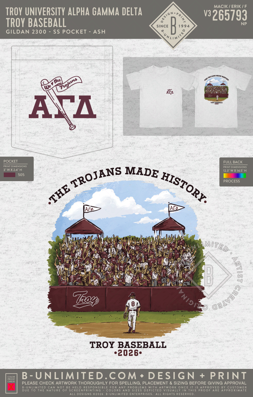 Troy University Alpha Gamma Delta - Troy Baseball - Gildan - 2300 - SS Pocket - Ash Grey