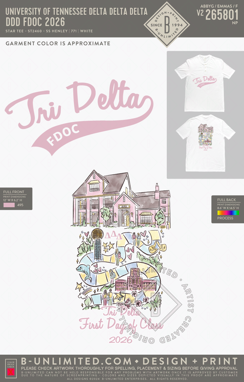 University of Tennessee Delta Delta Delta - DDD FDOC 2026 - Star Tee - ST2460 - SS Henley - White