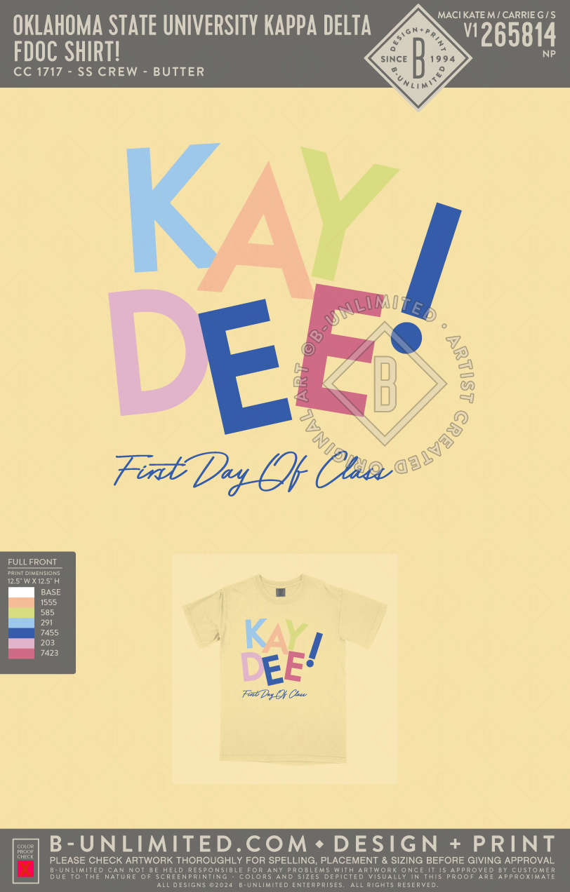 Oklahoma State University Kappa Delta - FDOC Shirt! - CC - 1717 - SS Crew - Butter