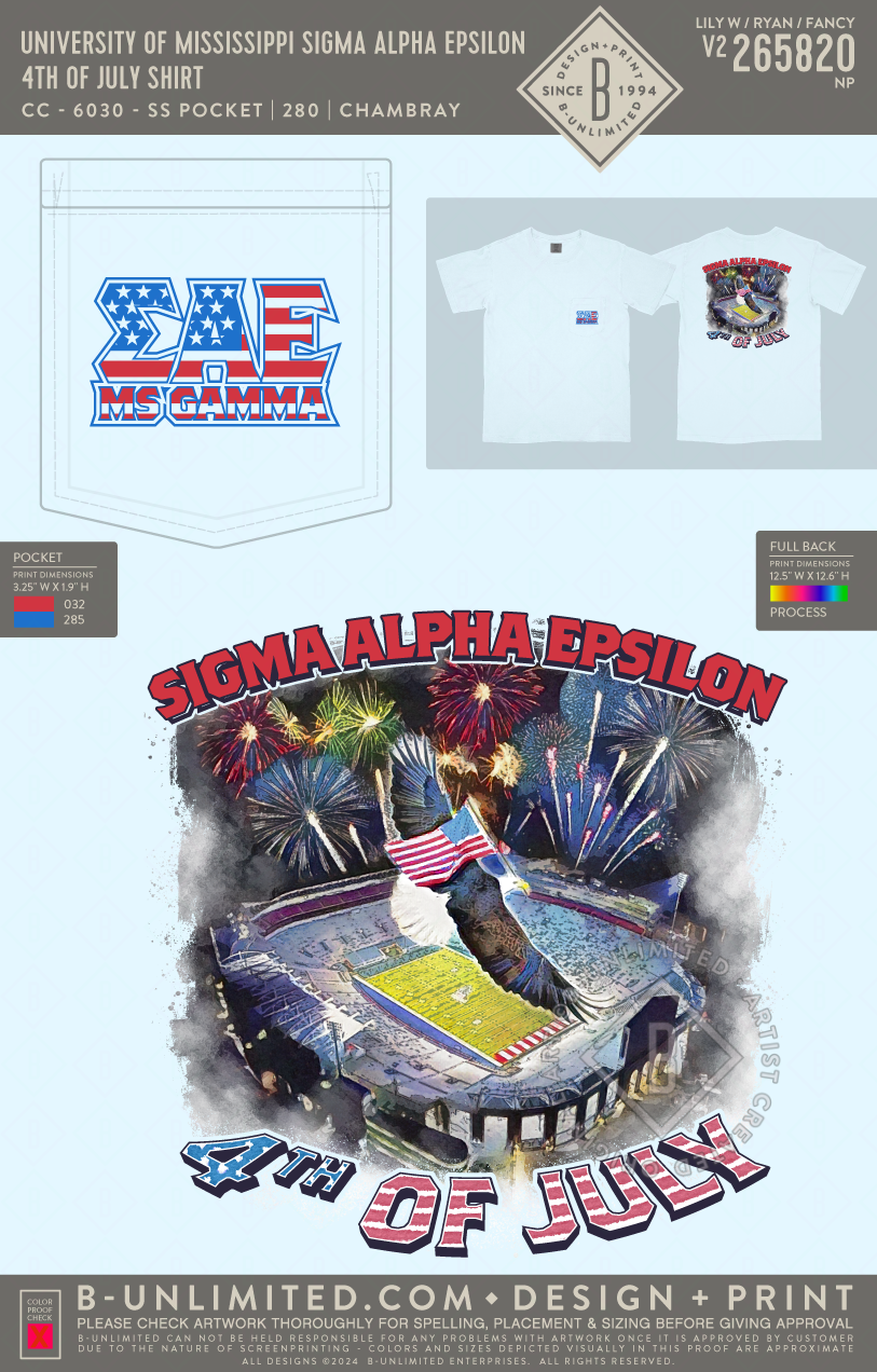 University of Mississippi Sigma Alpha Epsilon - 4th of July shirt - CC - 6030 - SS Pocket - Chambray