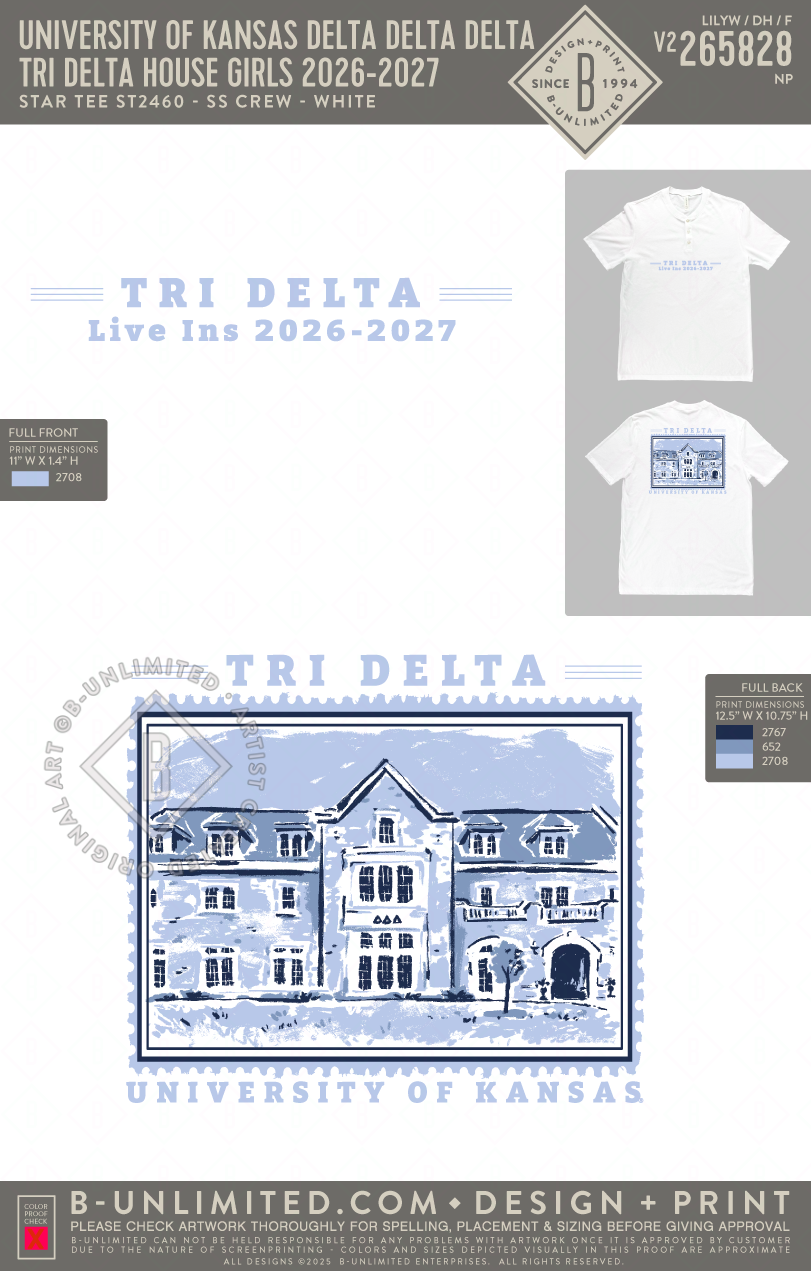 University of Kansas Delta Delta Delta - Tri Delta House Girls 2026-2027 - Star Tee - ST2460 - SS Henley - White