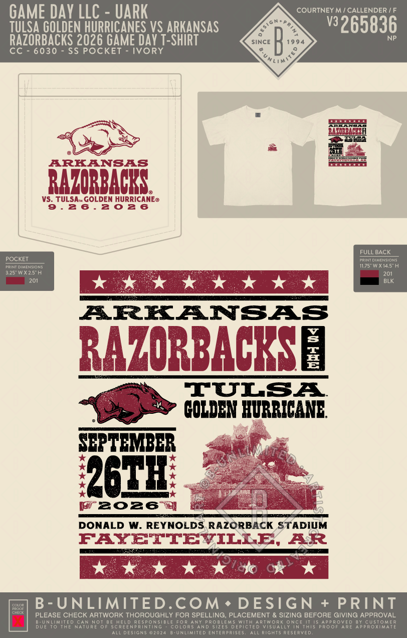 B-Unlimited Game Day - Tulsa Golden Hurricanes vs Arkansas Razorbacks 2026 Game Day T-Shirt (WS) - CC - 6030 - SS Pocket - Ivory
