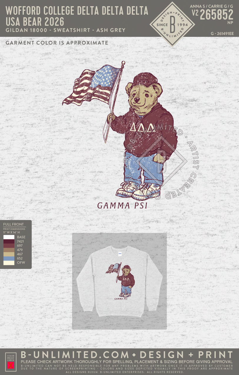 Wofford College Delta Delta Delta - USA Bear 2026 - Gildan - 18000 - Crewneck Sweatshirt - Ash Grey