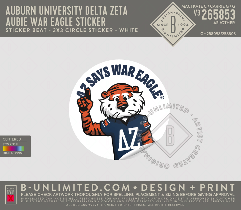 Auburn University Delta Zeta - Aubie War Eagle Sticker - Sticker Beat - 3x3 Circle Sticker - White