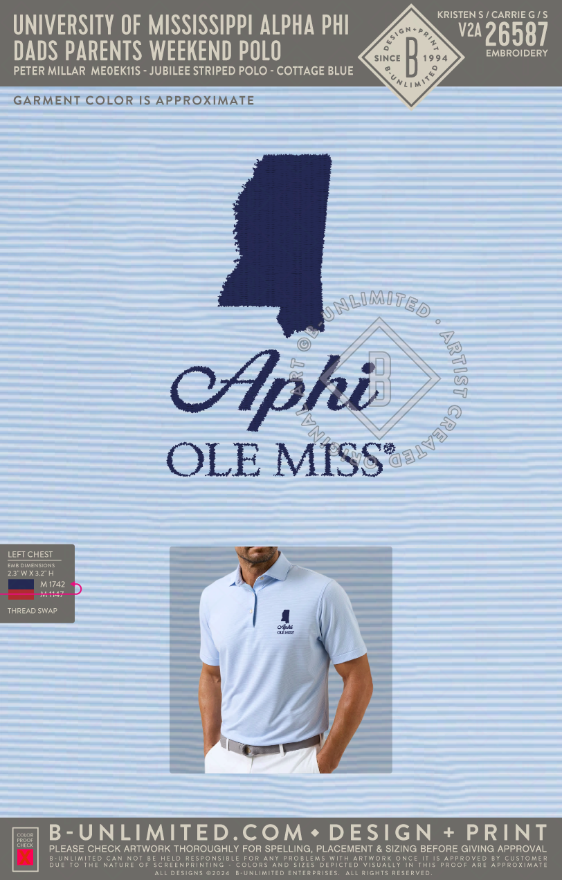 University of Mississippi Alpha Phi - Dads Parents Weekend Polo - Peter Millar - ME0EK11S - Men's Jubilee Striped Polo - Cottage Blue