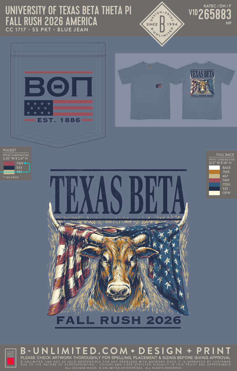 University of Texas Beta Theta Pi - Fall Rush 2026 America - CC - 6030 - SS Pocket - Blue Jean
