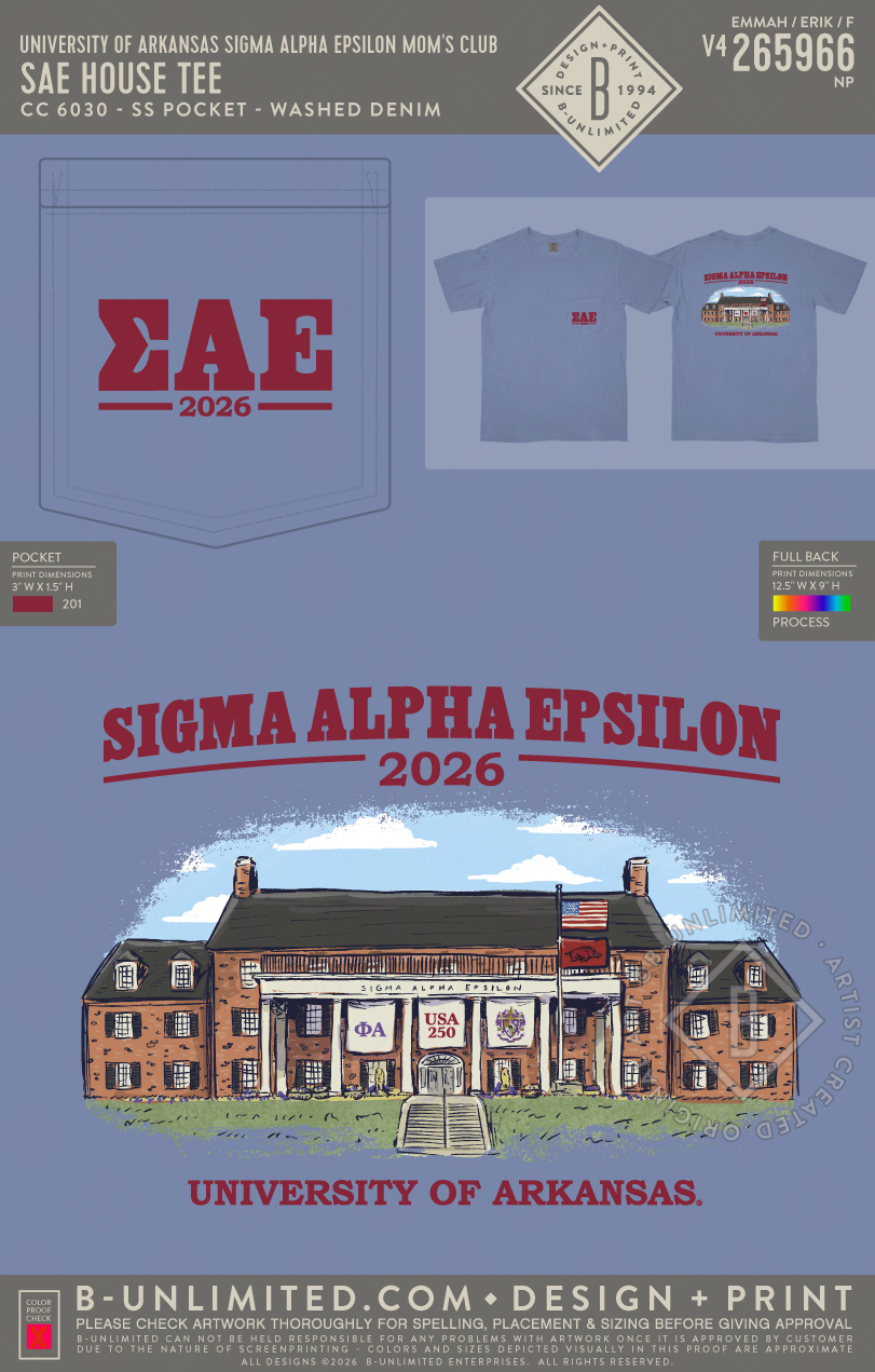 University of Arkansas Sigma Alpha Epsilon Mom's Club - SAE House Tee - CC - 6030 - SS Pocket - Washed Denim