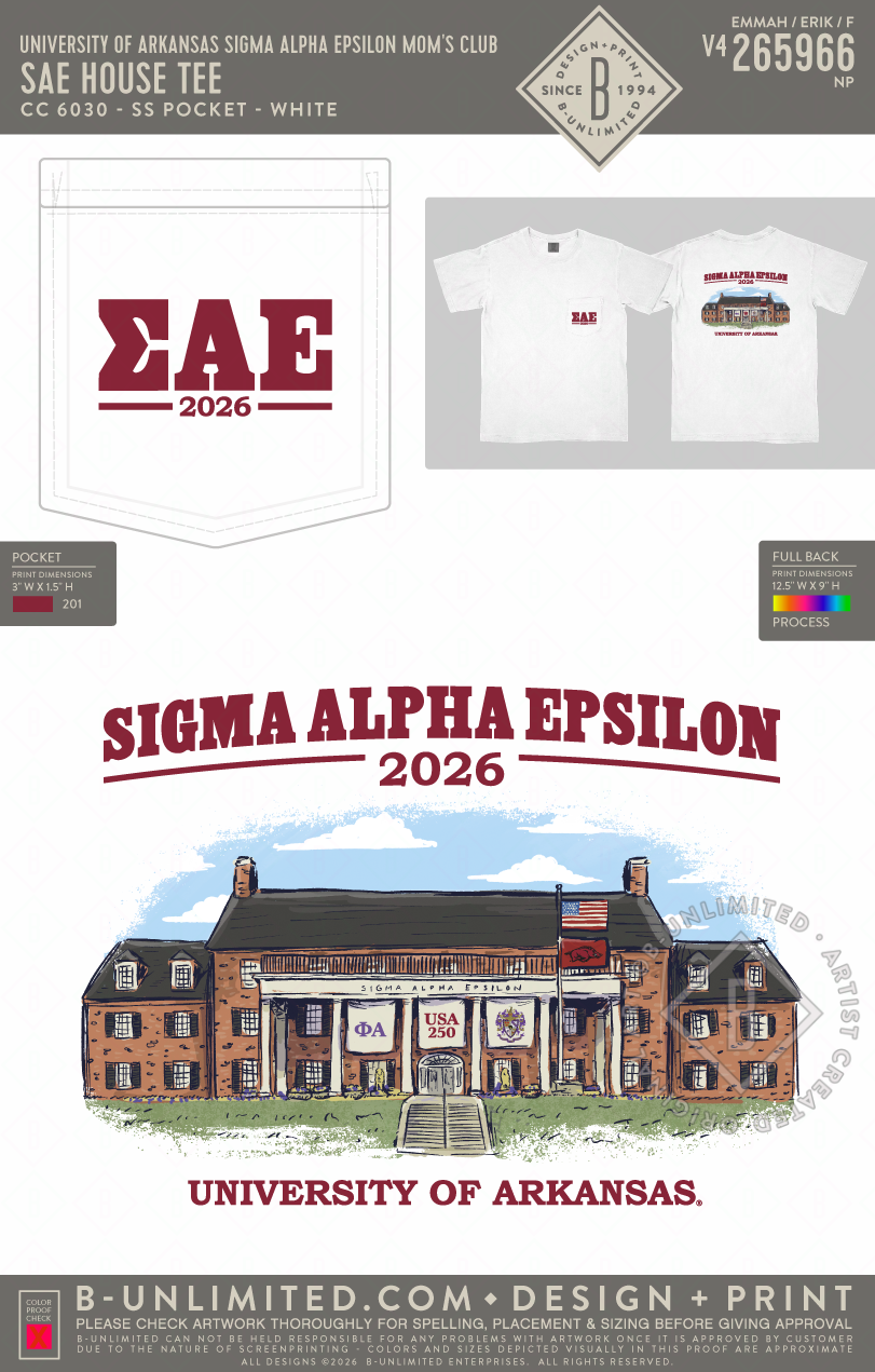 University of Arkansas Sigma Alpha Epsilon Mom's Club - SAE House Tee - CC - 6030 - SS Pocket - White