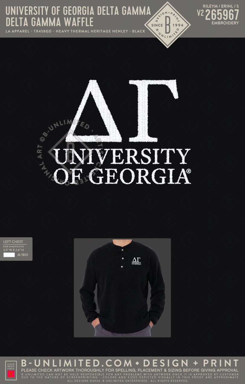 UGA DG - Delta Gamma Waffle - LA Apparel - TX458GD - Heavy Thermal Heritage Henley - Black