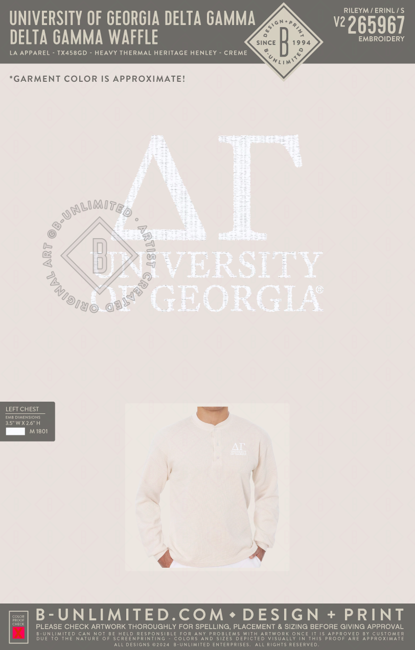 UGA DG - Delta Gamma Waffle - LA Apparel - TX458GD - Heavy Thermal Heritage Henley - Creme