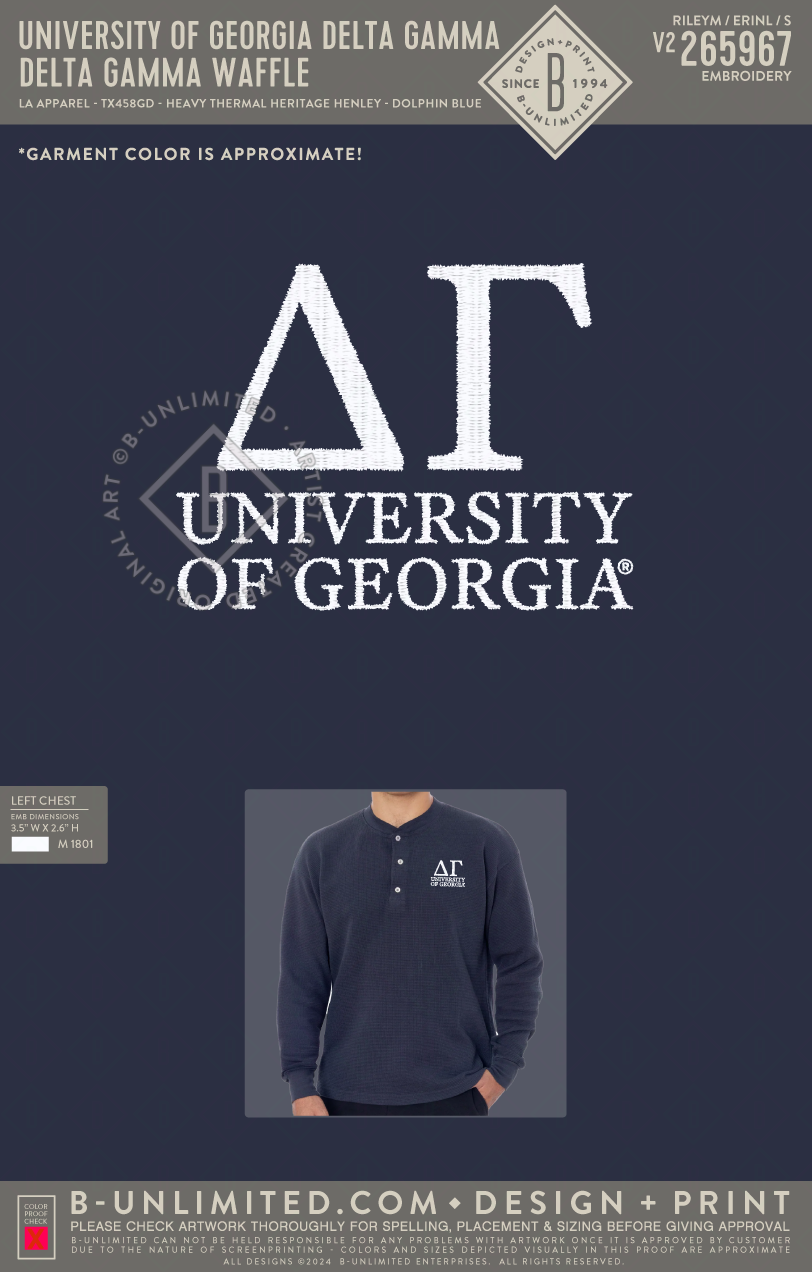 UGA DG - Delta Gamma Waffle - LA Apparel - TX458GD - Heavy Thermal Heritage Henley - Dolphin Blue