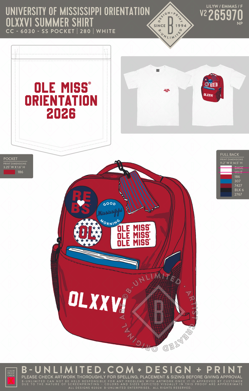 University of Mississippi Orientation - OLXXVI Summer Shirt - CC - 6030 - SS Pocket - White