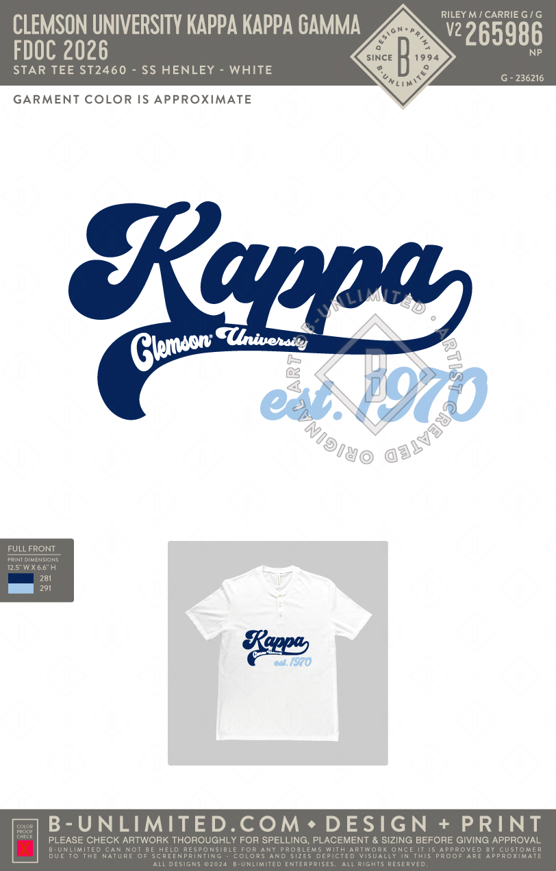 Clemson University Kappa Kappa Gamma - FDOC 2026 - Star Tee - ST2460 - SS Henley - White