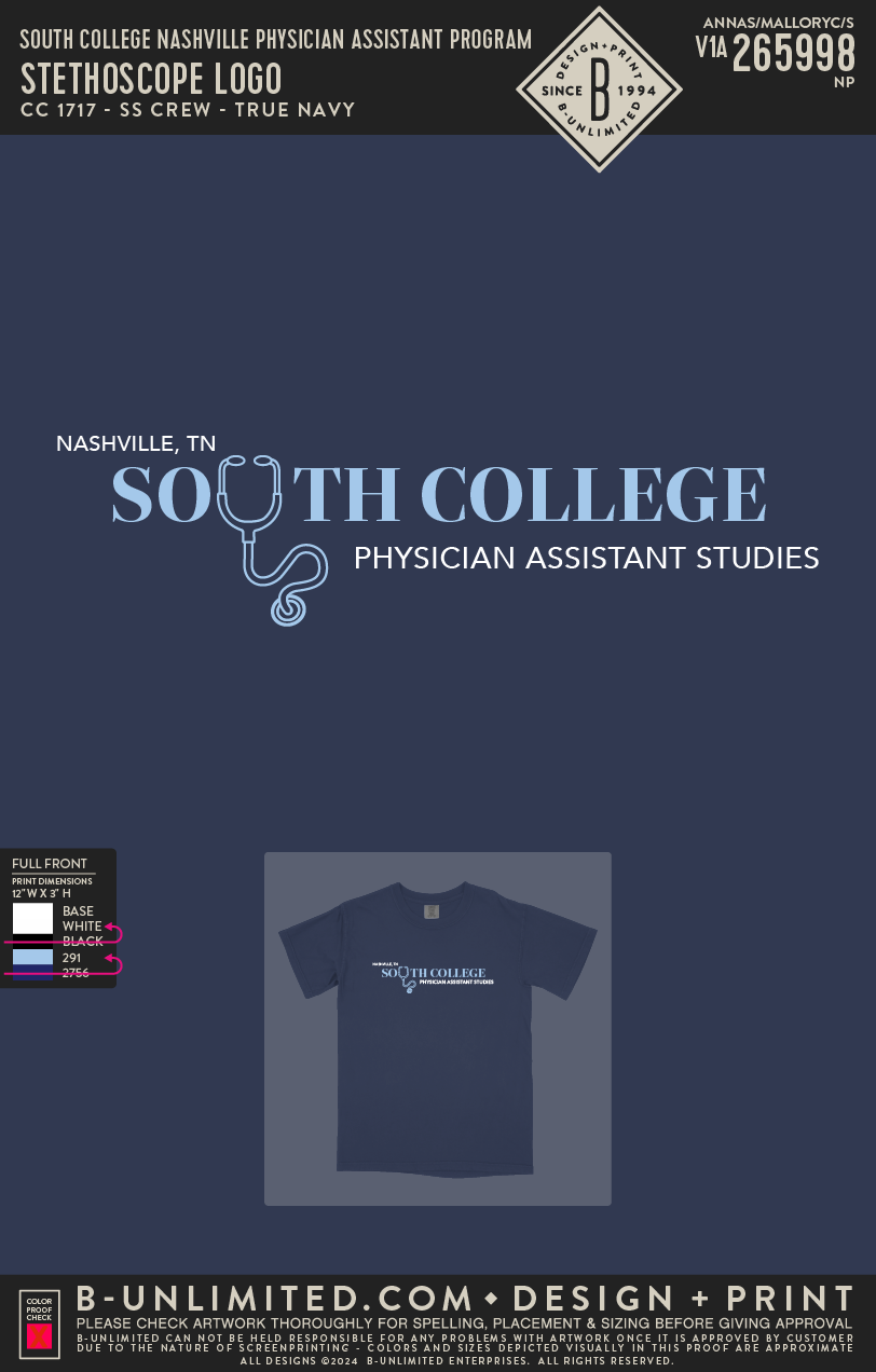 South College Nashville Physician Assistant Program - Stethoscope Logo - CC - 1717 - SS Crew - True Navy