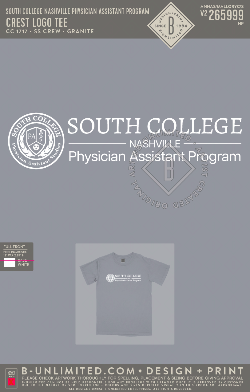 South College Nashville Physician Assistant Program - Crest Logo Tee - CC - 1717 - SS Crew - Granite