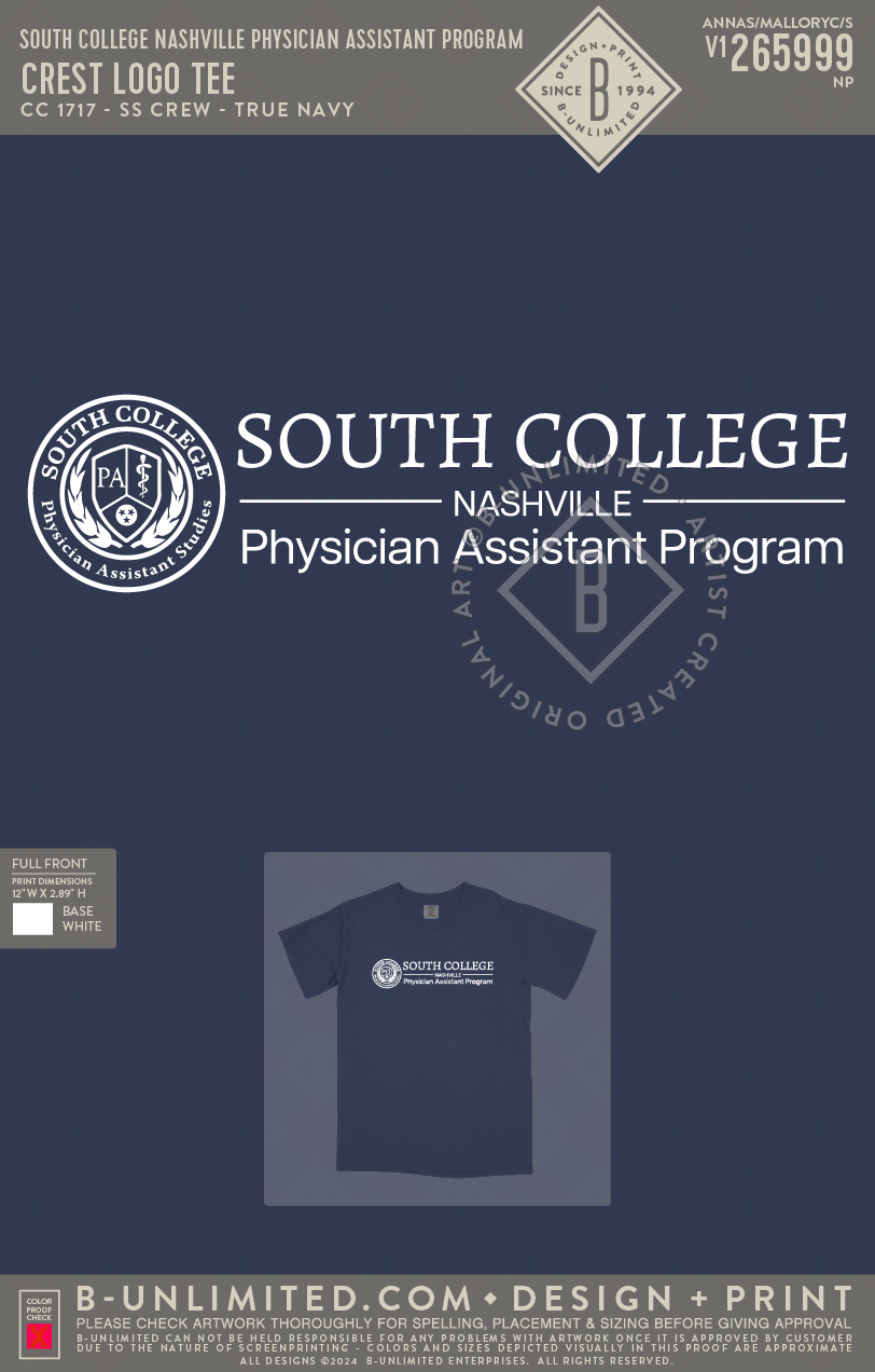 South College Nashville Physician Assistant Program - Crest Logo Tee - CC - 1717 - SS Crew - True Navy