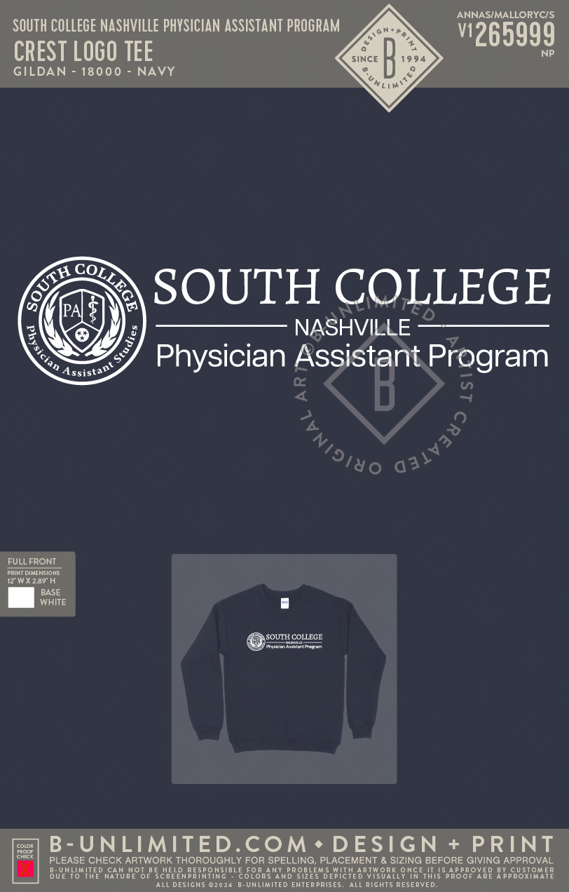 South College Nashville Physician Assistant Program - Crest Logo Tee - Gildan - 18000 - Crewneck Sweatshirt - Navy