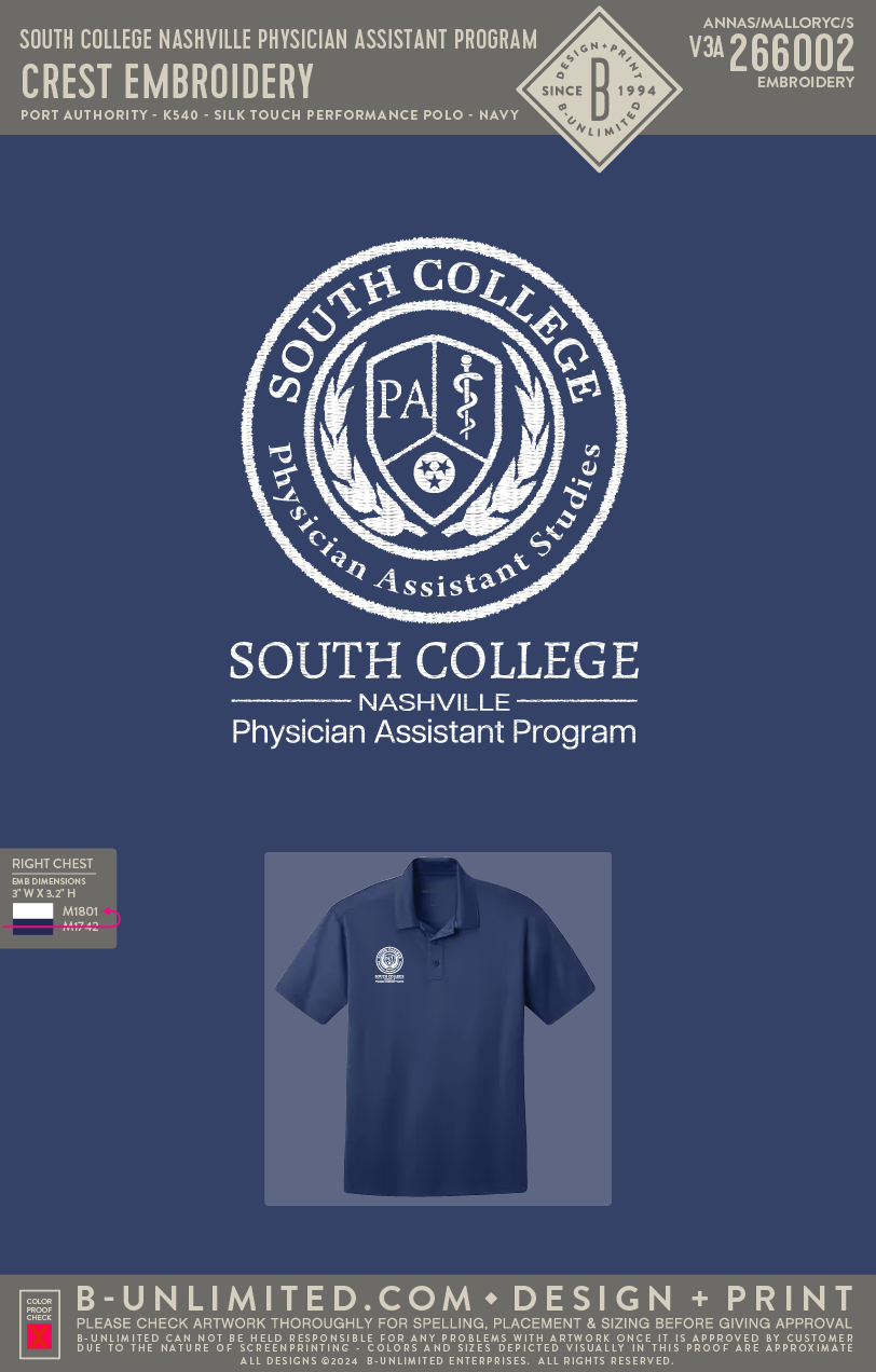 South College Nashville Physician Assistant Program - Crest Embroidery - Port Authority - K540 - Silk Touch Performance Polo - Navy
