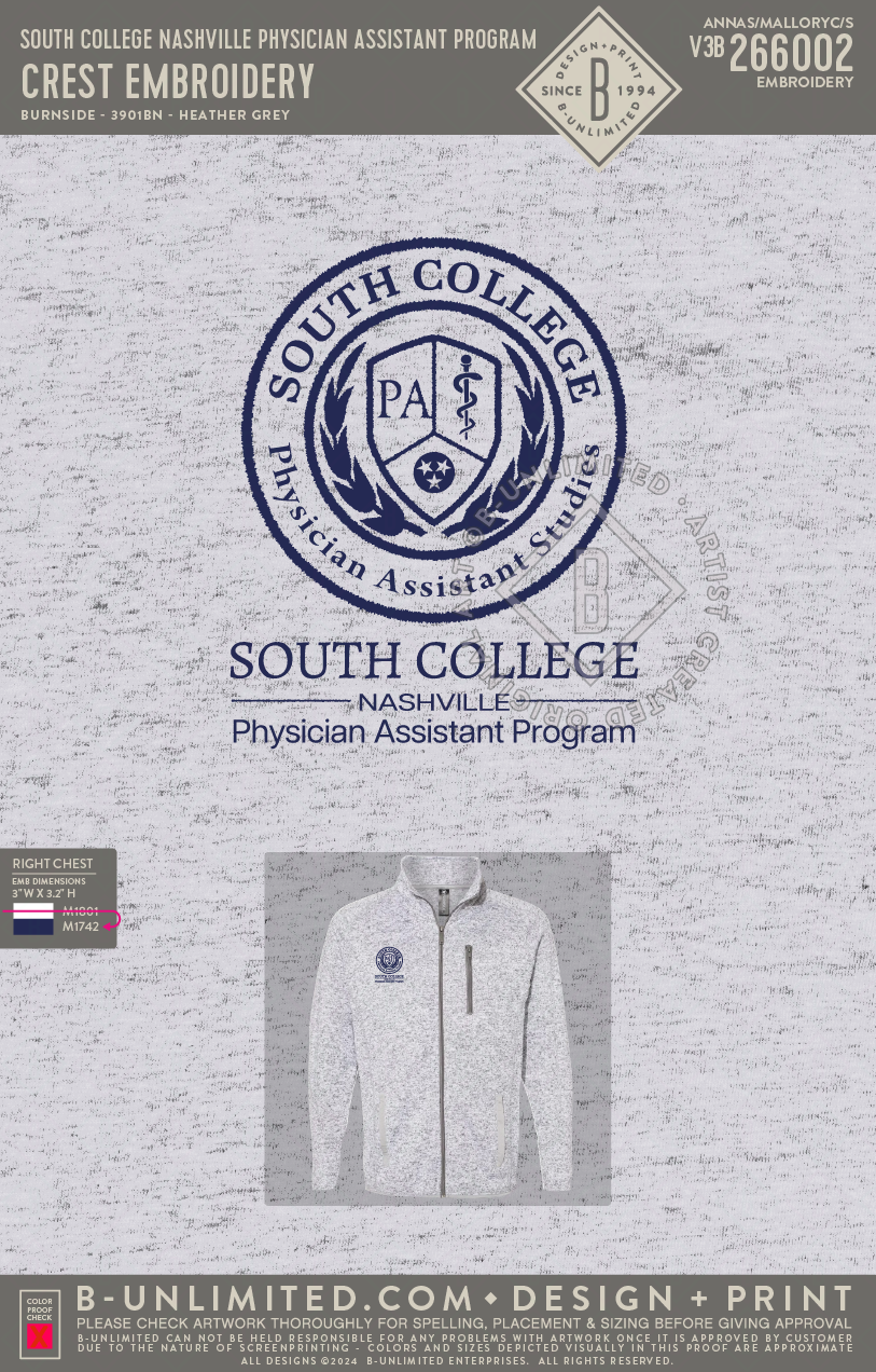 South College Nashville Physician Assistant Program - Crest Embroidery - Burnside - 3901 - Full Zip Jacket - Heather Grey