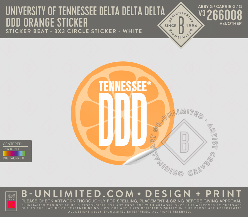 University of Tennessee Delta Delta Delta - DDD Orange Sticker - Stickerbeat - 551940598 - 3 inch Circle Sticker - White