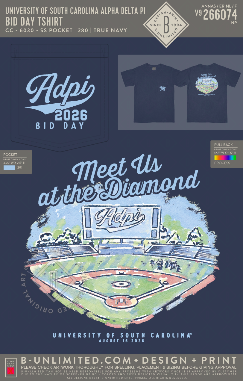 University of South Carolina Alpha Delta Pi - Bid Day Tshirt - CC - 6030 - SS Pocket - True Navy