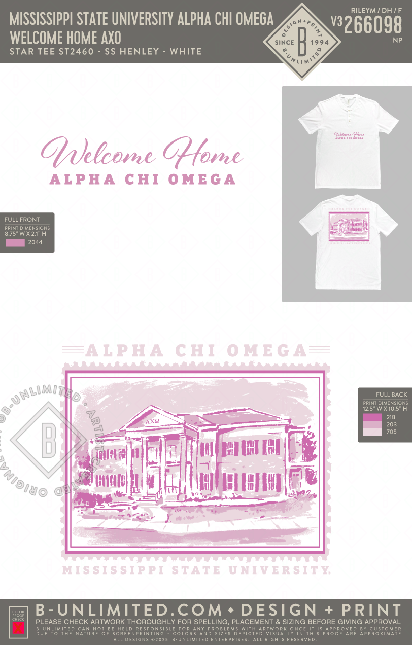 Mississippi State University Alpha Chi Omega - Welcome Home AXO - Star Tee - ST2460 - SS Henley - White