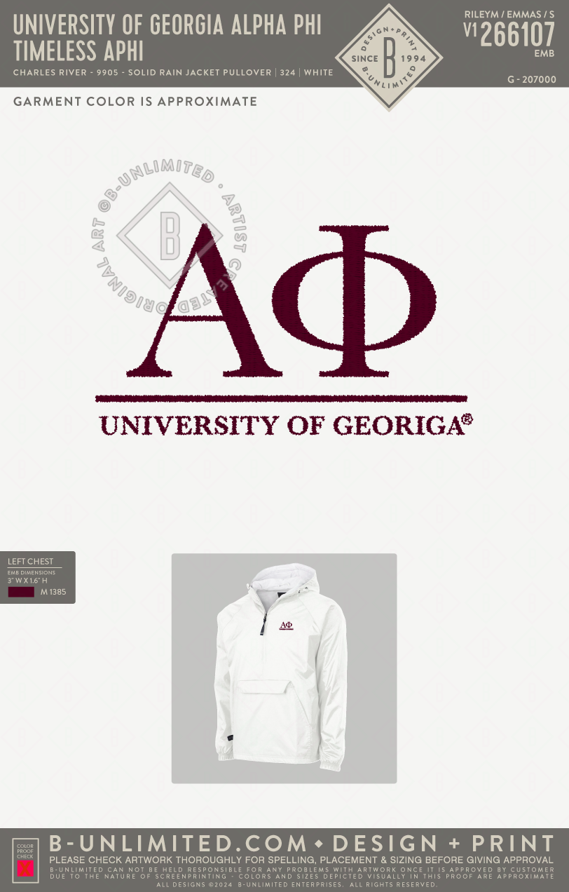 UGA APHI - Timeless APHI - Charles River - 9905 - Solid Rain Jacket Pullover - White