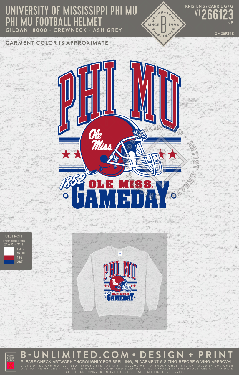 University of Mississippi Phi Mu - Phi Mu Football Helmet - Gildan - 18000 - Crewneck Sweatshirt - Ash Grey