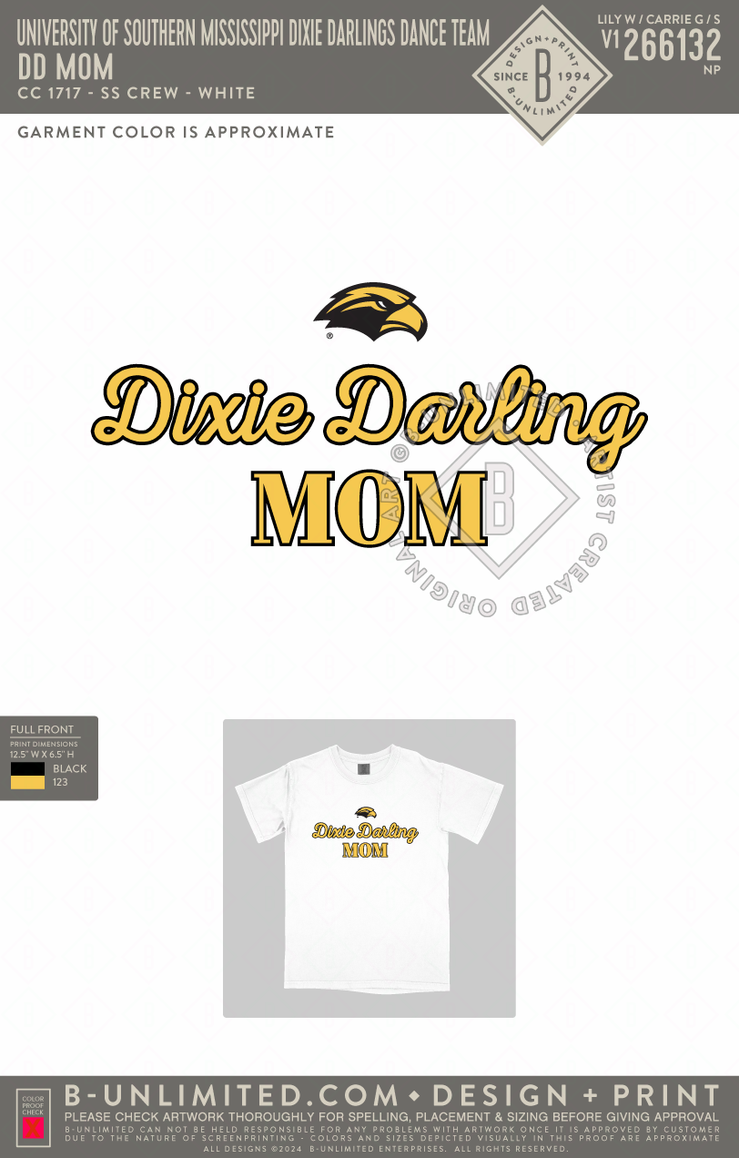 University of Southern Mississippi Dixie Darlings Dance Team - DD MOM - CC - 1717 - SS Crew - White