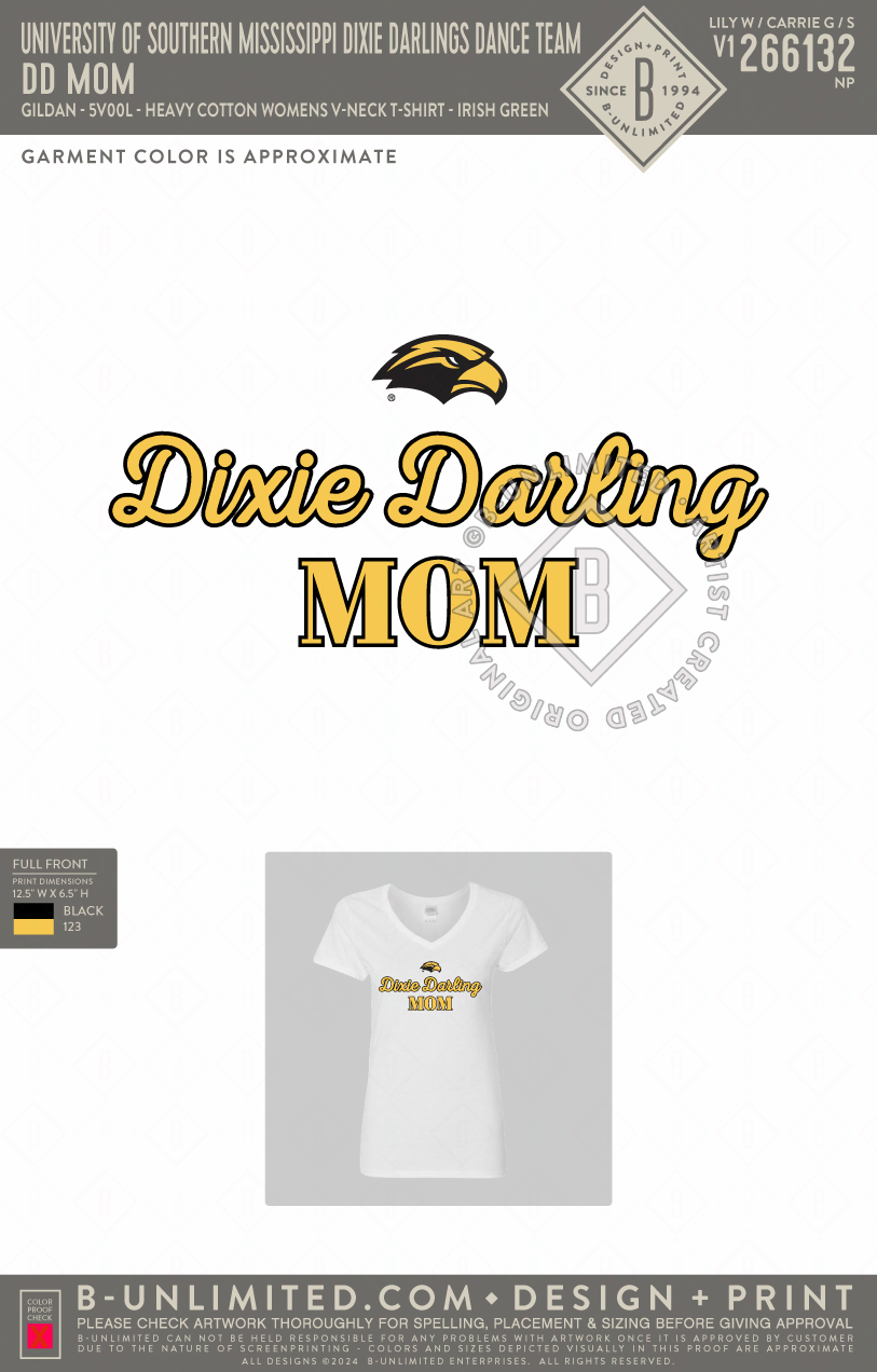 University of Southern Mississippi Dixie Darlings Dance Team - DD MOM - Gildan - 5V00L - Heavy Cotton Womens V-Neck T-Shirt - White