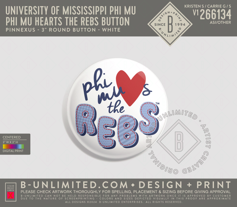 University of Mississippi Phi Mu - Phi Mu Hearts the Rebs Button - PinNexus - PXRB - 3" Round Button - White