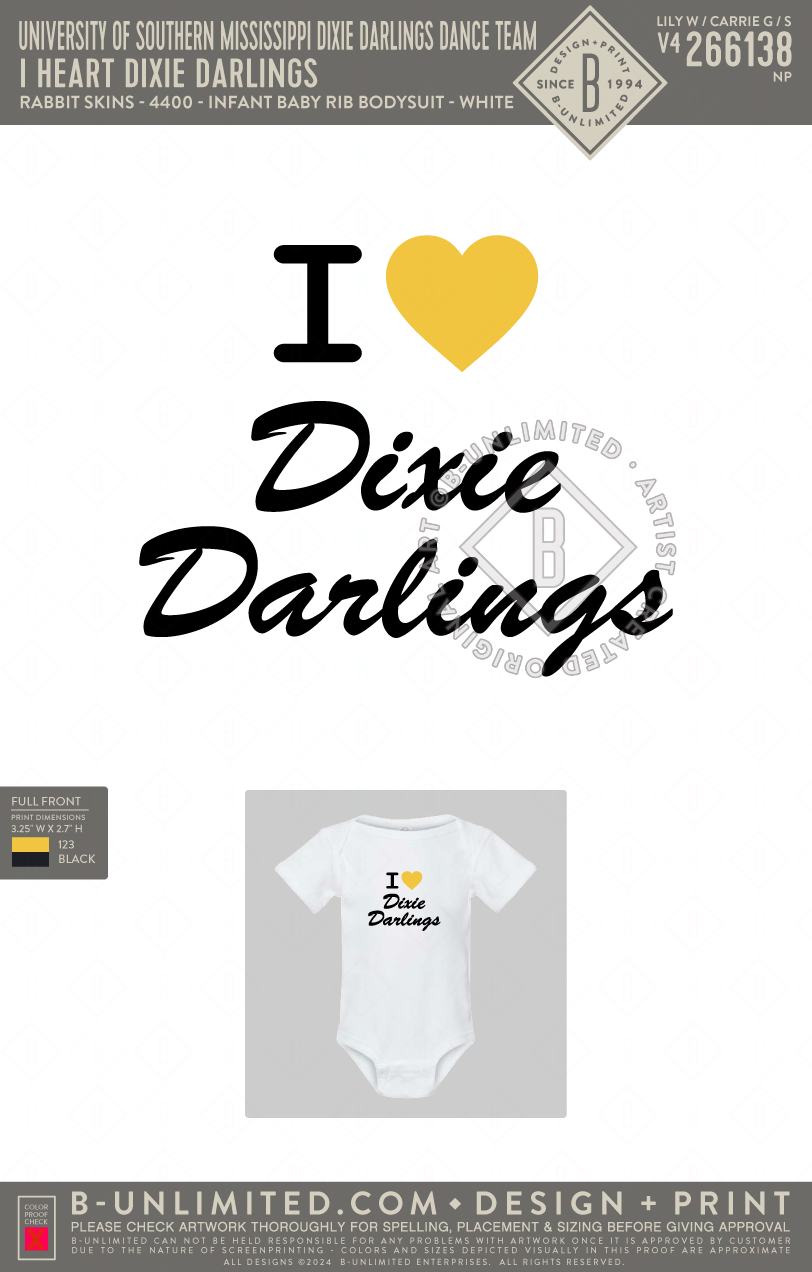 University of Southern Mississippi Dixie Darlings Dance Team - I Heart Dixie Darlings - Rabbit Skins - 4400 - Infant Baby Rib Bodysuit - White