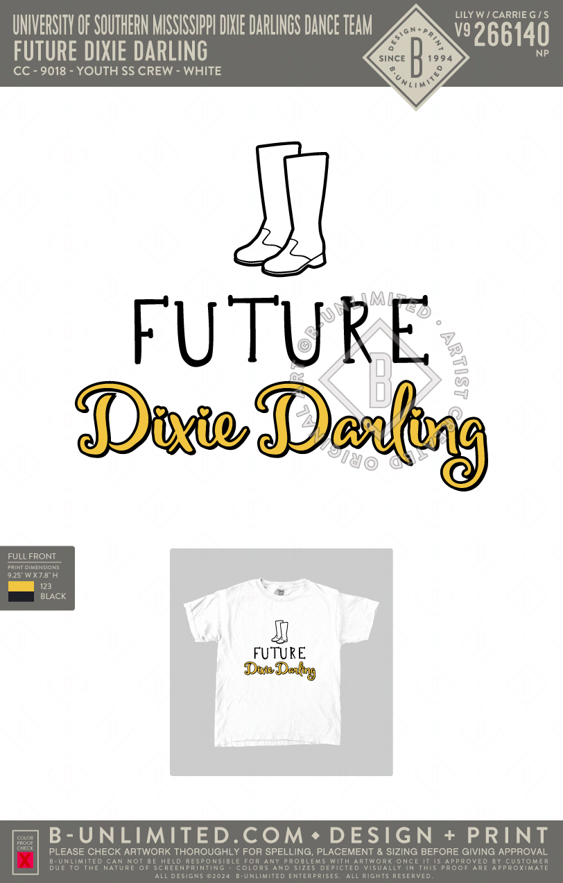 University of Southern Mississippi Dixie Darlings Dance Team - Future Dixie Darling - CC - 9018 - Youth SS Crew - White