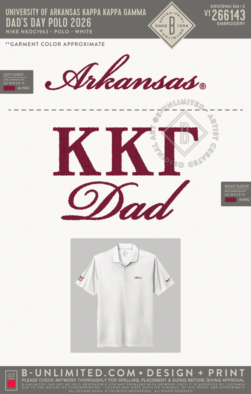 University of Arkansas Kappa Kappa Gamma - Dad's Day Polo 2026 - Nike - NKDC1963 - SS Polo - White