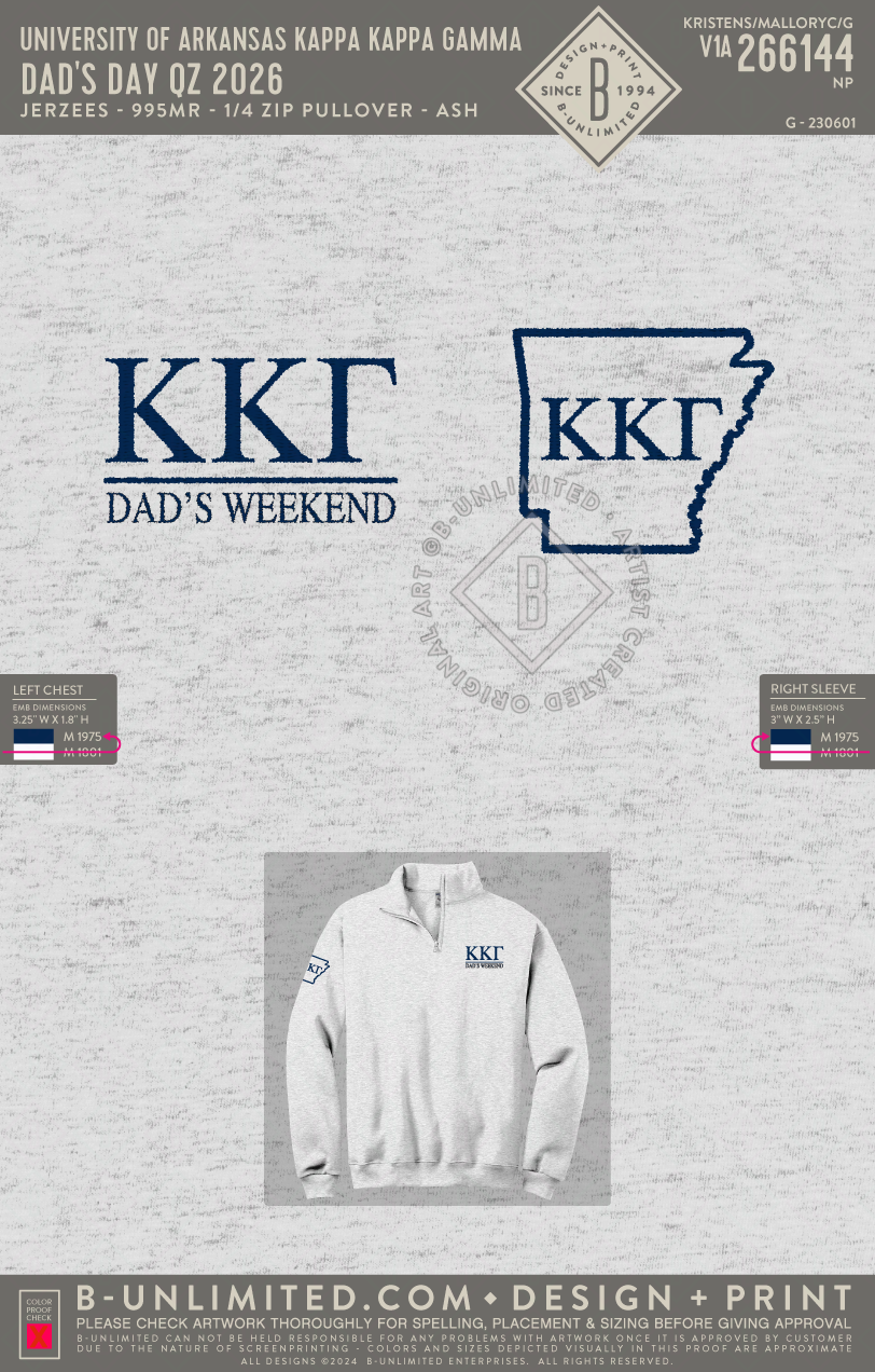 University of Arkansas Kappa Kappa Gamma - Dad's Day QZ 2026 - Jerzees - 995MR - 1/4 Zip Pullover - Ash