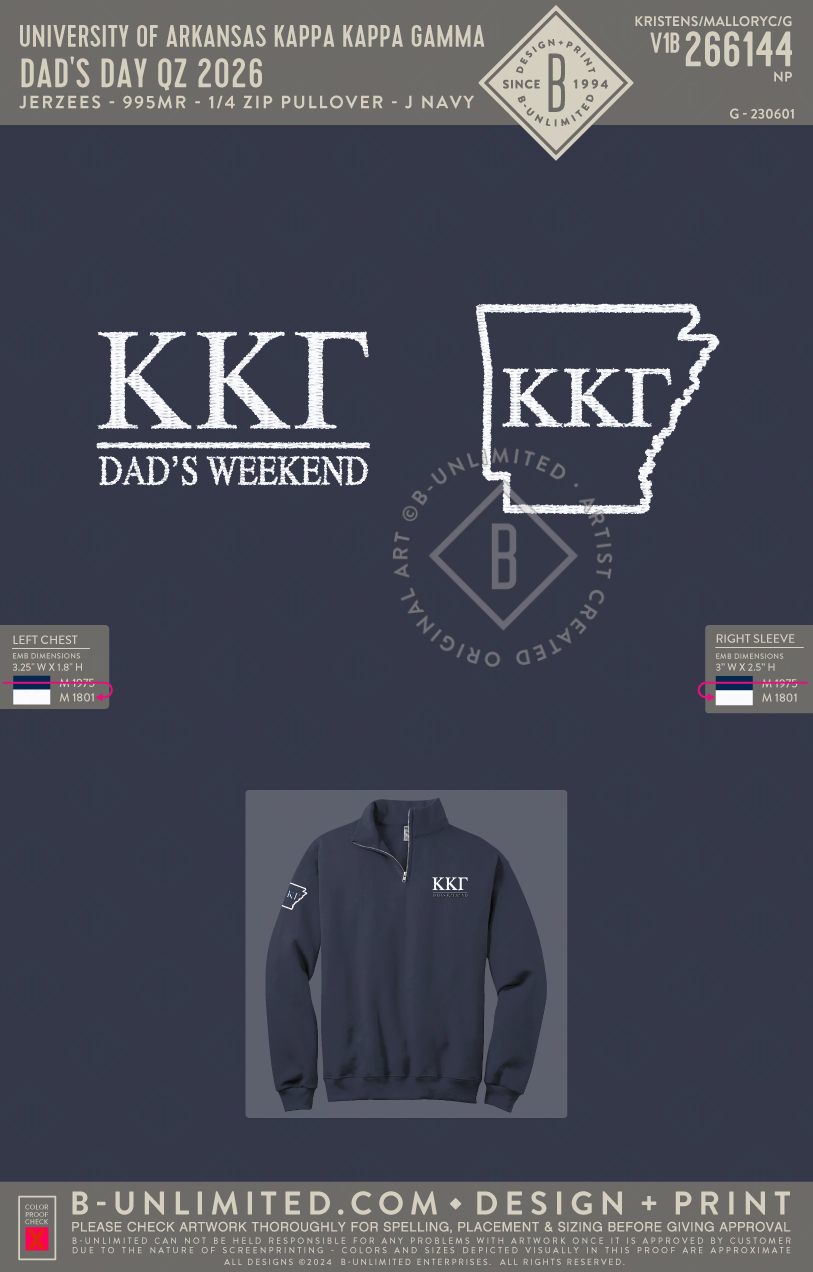 University of Arkansas Kappa Kappa Gamma - Dad's Day QZ 2026 - Jerzees - 995MR - 1/4 Zip Pullover - J. Navy
