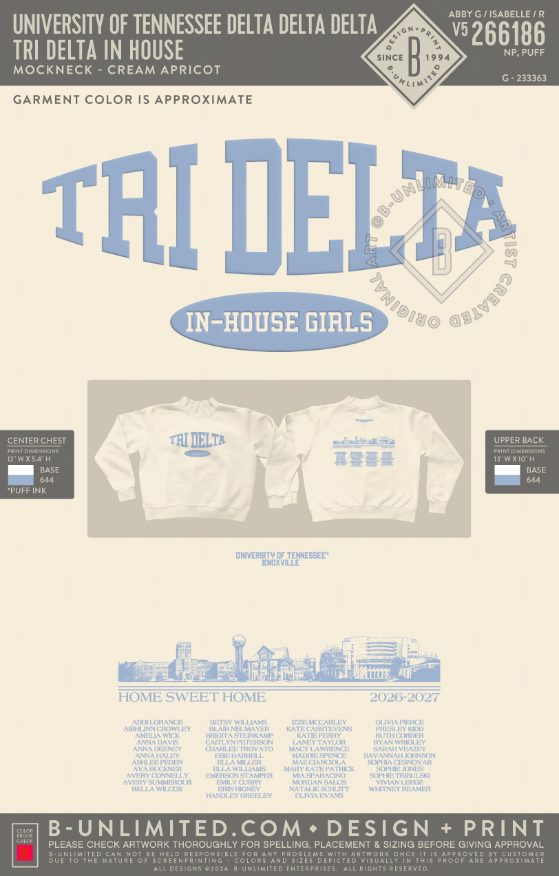 University of Tennessee Delta Delta Delta - Tri Delta In House - Tap Stitch - WW0004-P001-V2 - Mockneck Crewneck Sweatshirt - Cream Apricot