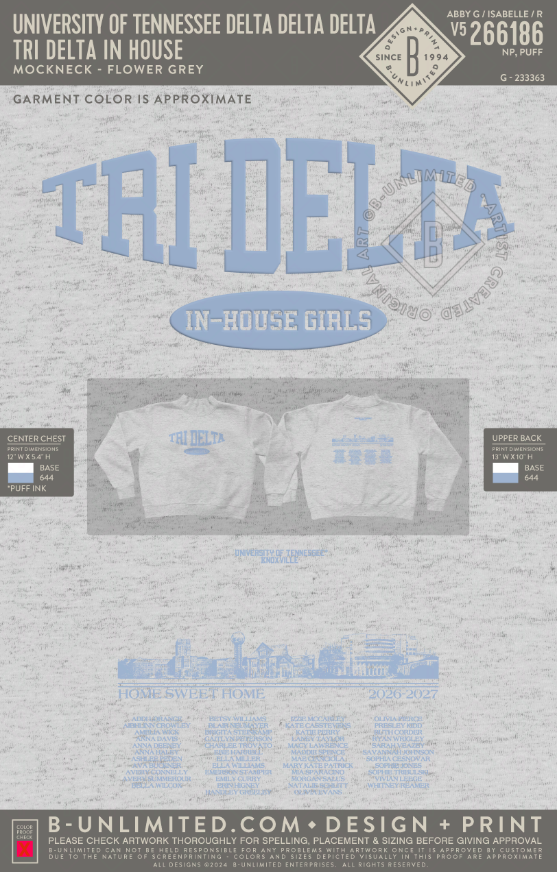 University of Tennessee Delta Delta Delta - Tri Delta In House - Tap Stitch - WW0004-P001-V2 - Mockneck Crewneck Sweatshirt - Flower Grey