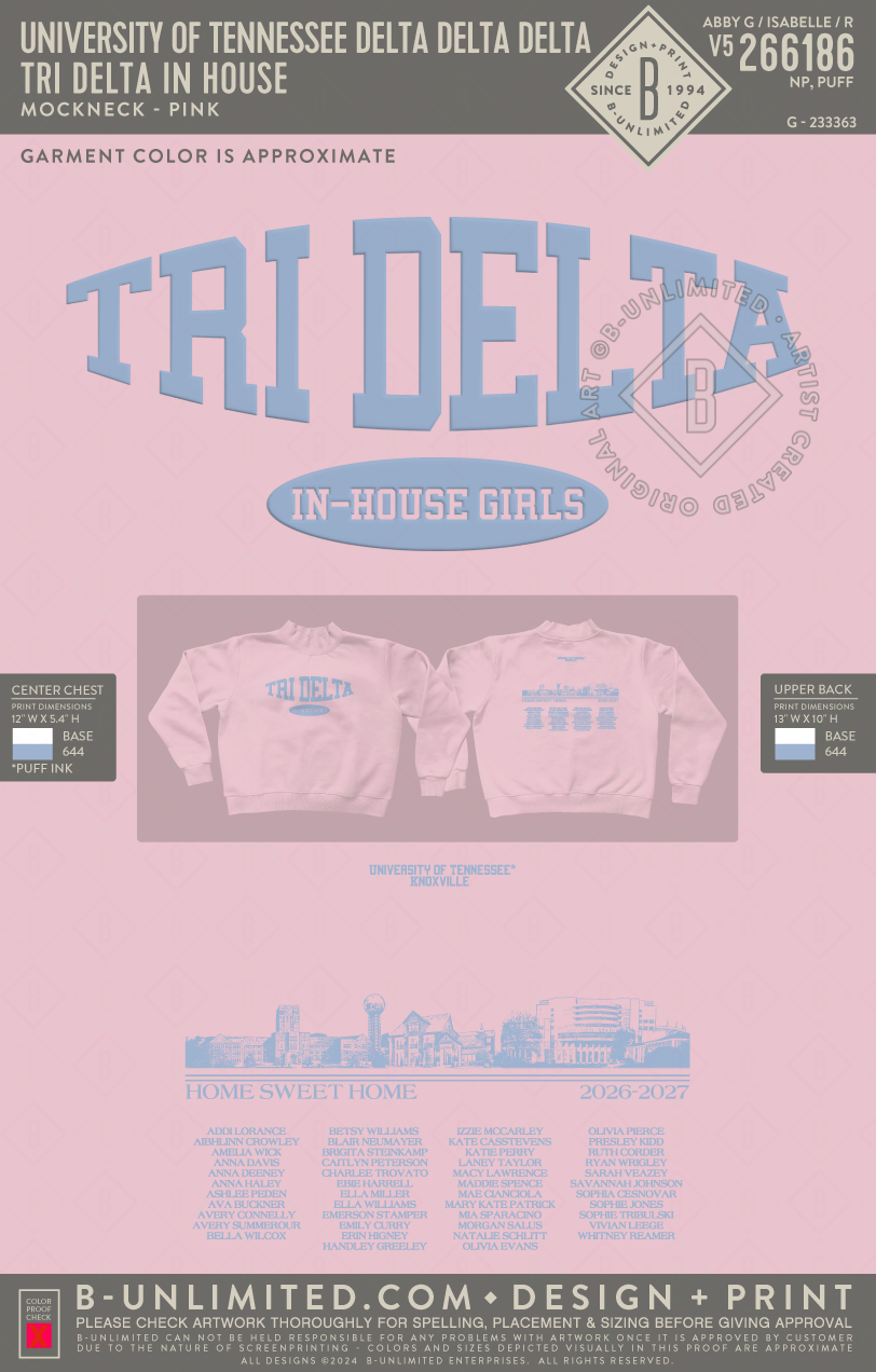 University of Tennessee Delta Delta Delta - Tri Delta In House - Tap Stitch - WW0004-P001-V2 - Mockneck Crewneck Sweatshirt - Pink