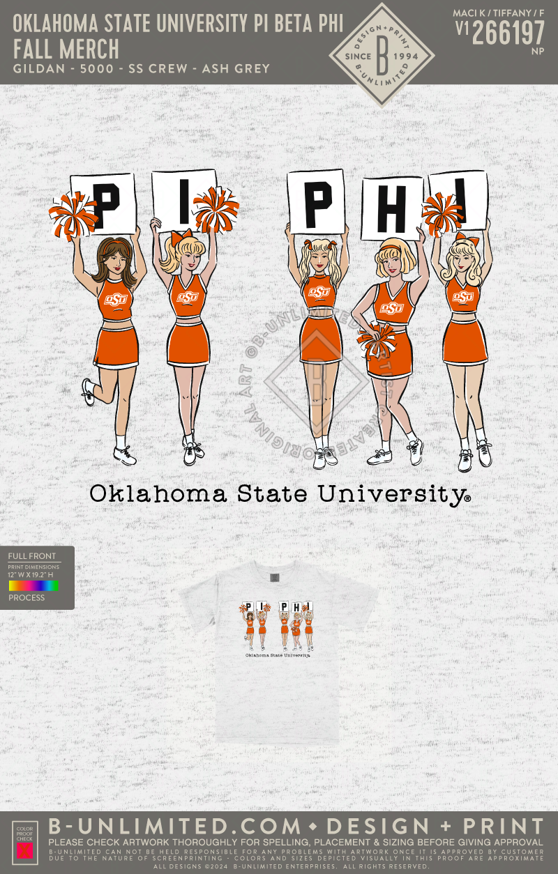 Oklahoma State University Pi Beta Phi - Fall Merch - Gildan - 5000 - SS Crew - Ash Grey