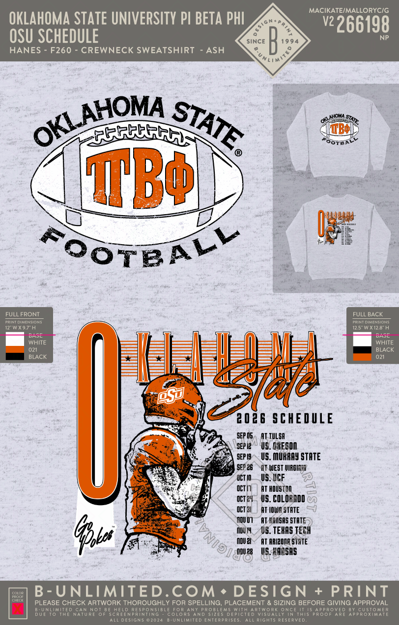 Oklahoma State University Pi Beta Phi - OSU Schedule - Hanes - F260 - Sweatshirt - Ash