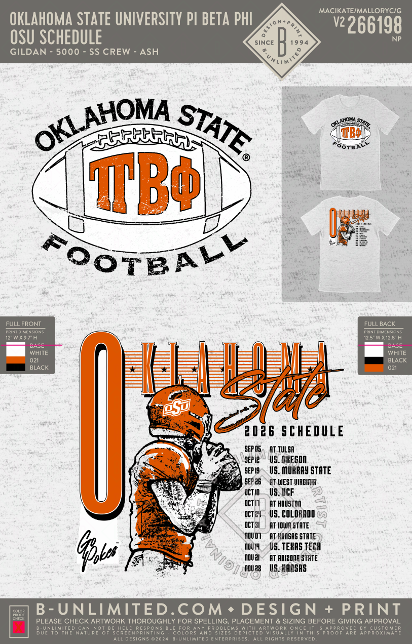 Oklahoma State University Pi Beta Phi - OSU Schedule - Gildan - 5000 - SS Crew - Ash Grey